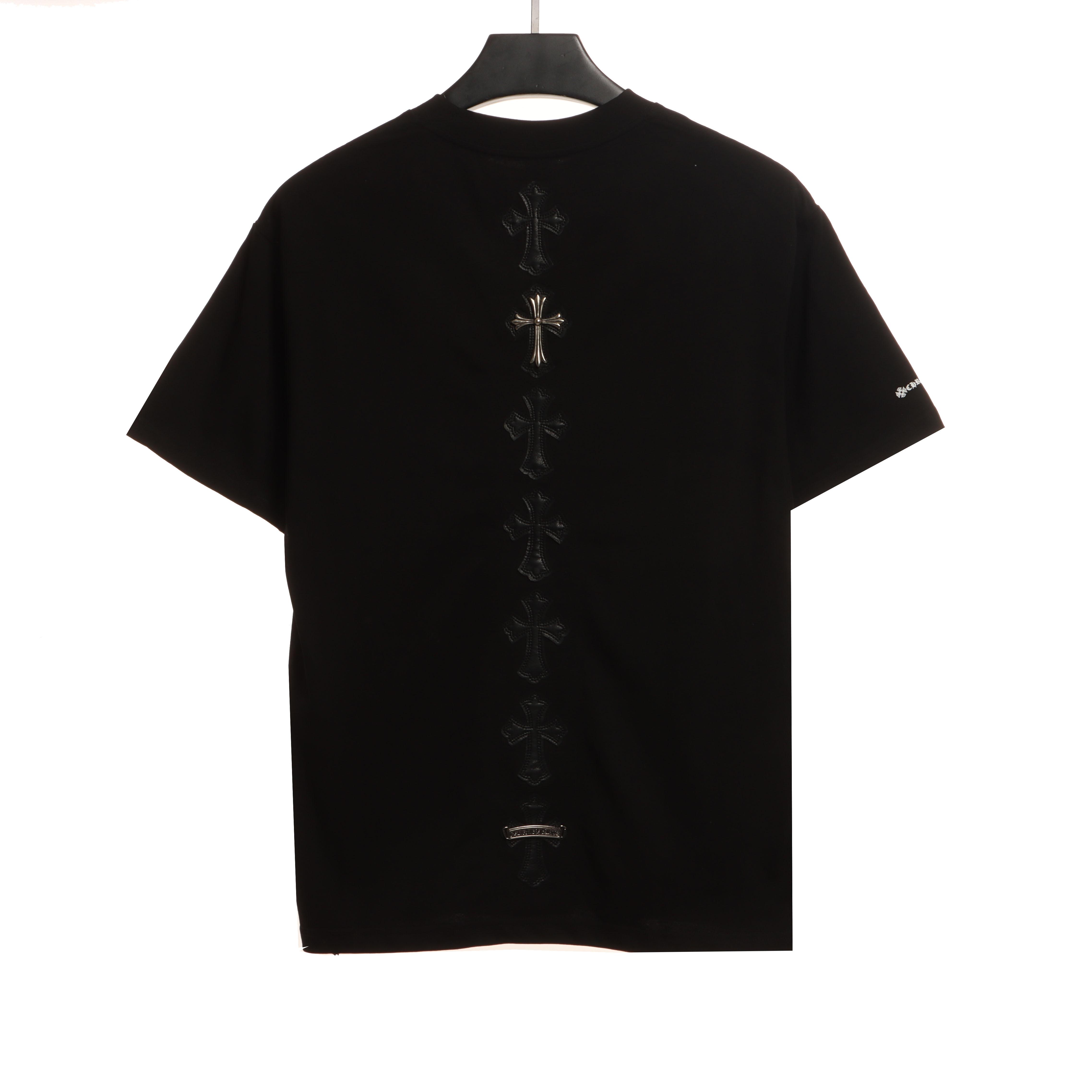 Chrome Hearts Cross Leather Silver Embroidered Sanskrit Short Sleeve Black