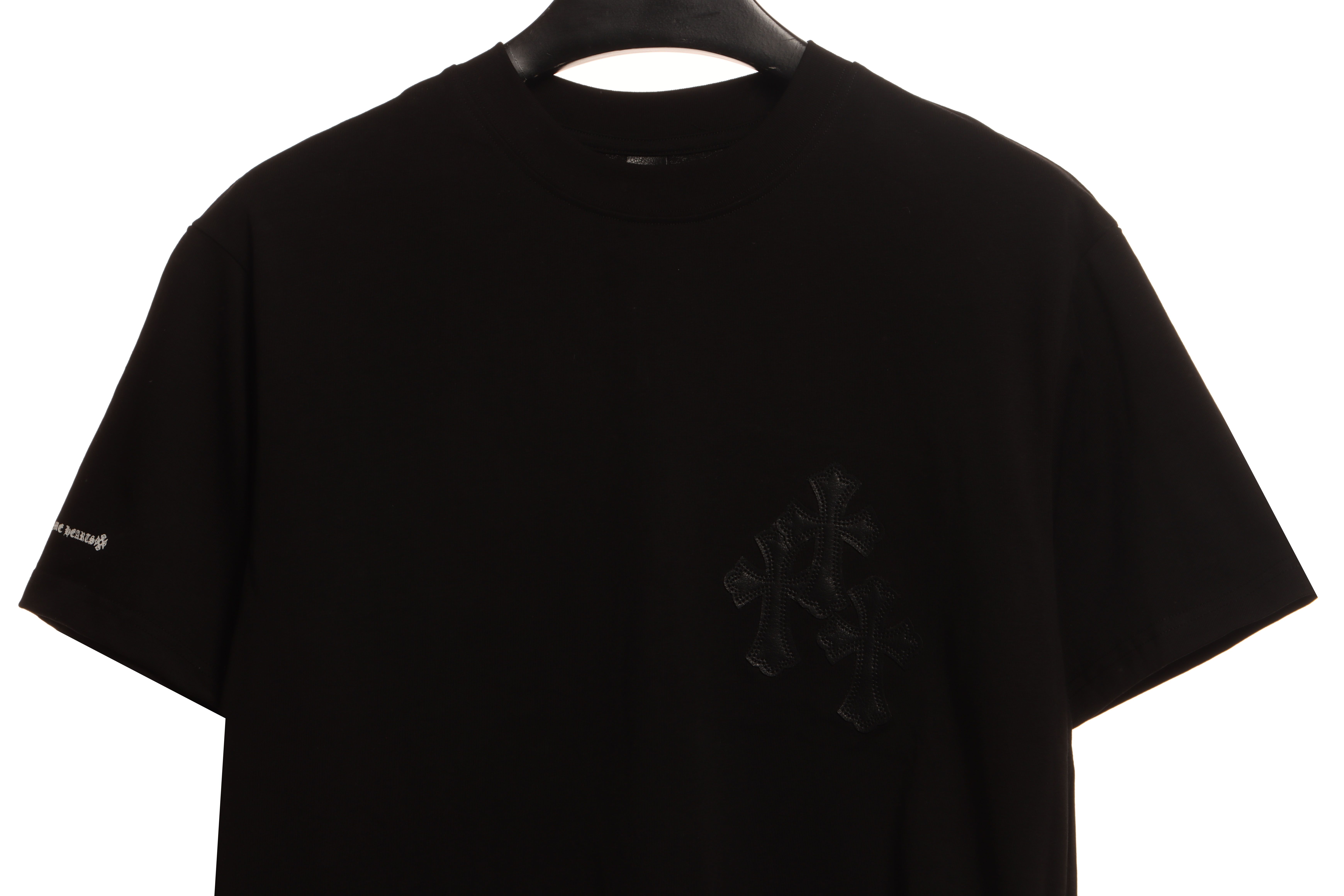 Chrome Hearts Cross Leather Silver Embroidered Sanskrit Short Sleeve Black