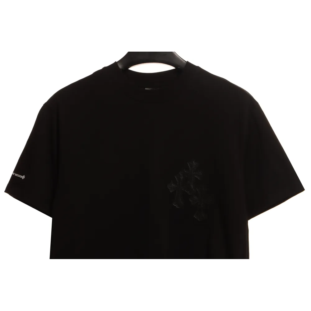 Chrome Hearts Cross Leather Silver Embroidered Sanskrit Short Sleeve Black
