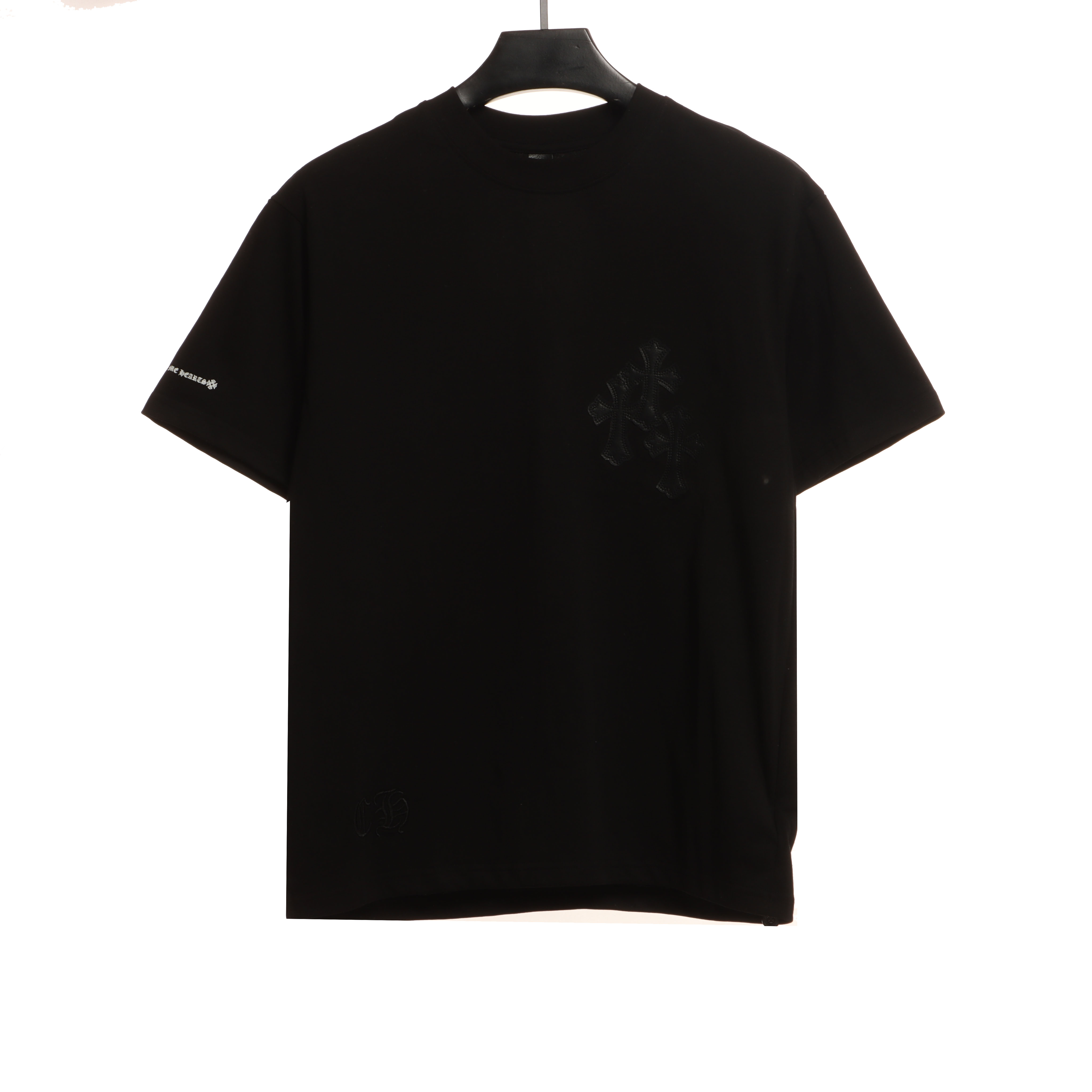 Chrome Hearts Cross Leather Silver Embroidered Sanskrit Short Sleeve Black