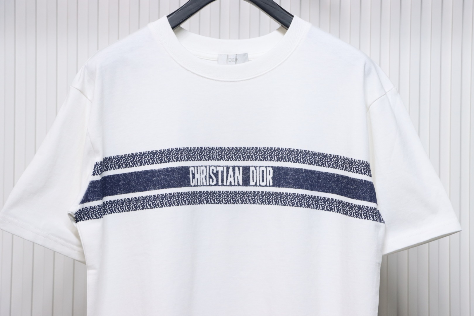 Dior 23ss blue striped letter print short sleeve white