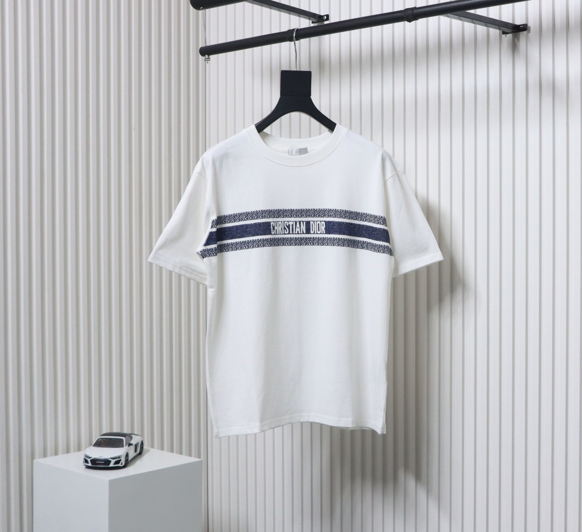 Dior 23ss blue striped letter print short sleeve white