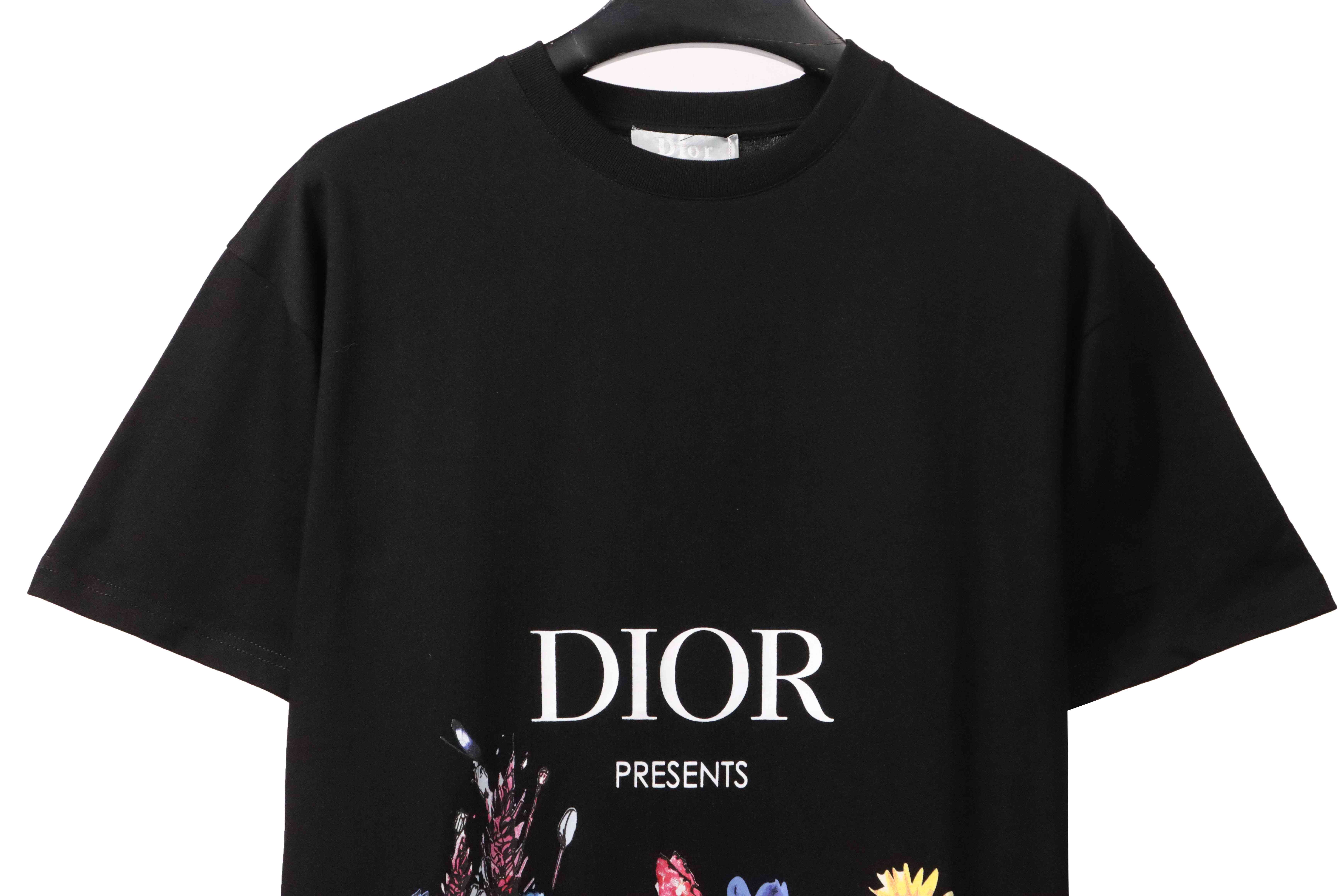 Dior floral white ink direct printing short sleeve black
