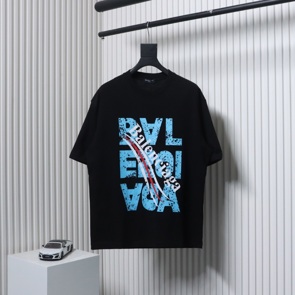 Balenciaga 24ss Mottled Distressed Letter Logo Short Sleeves Black