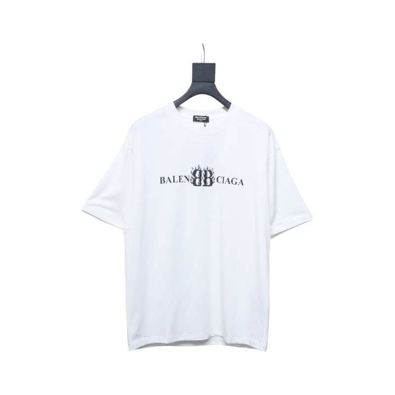 Balenciaga 25ss Flame Double B Letter Print Short Sleeve White