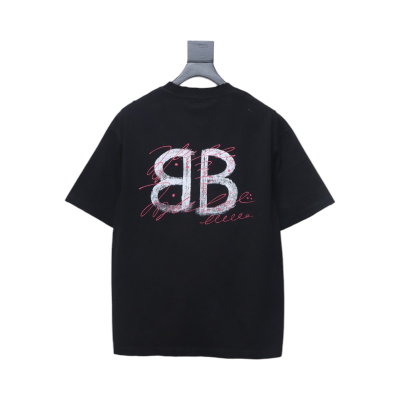 Balenciaga 25ss Letter Double B Hand-painted Washed Hole Short Sleeve T-shirt Black