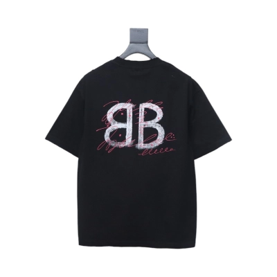 Balenciaga 25ss Letter Double B Hand-painted Washed Hole Short Sleeve T-shirt Black 01