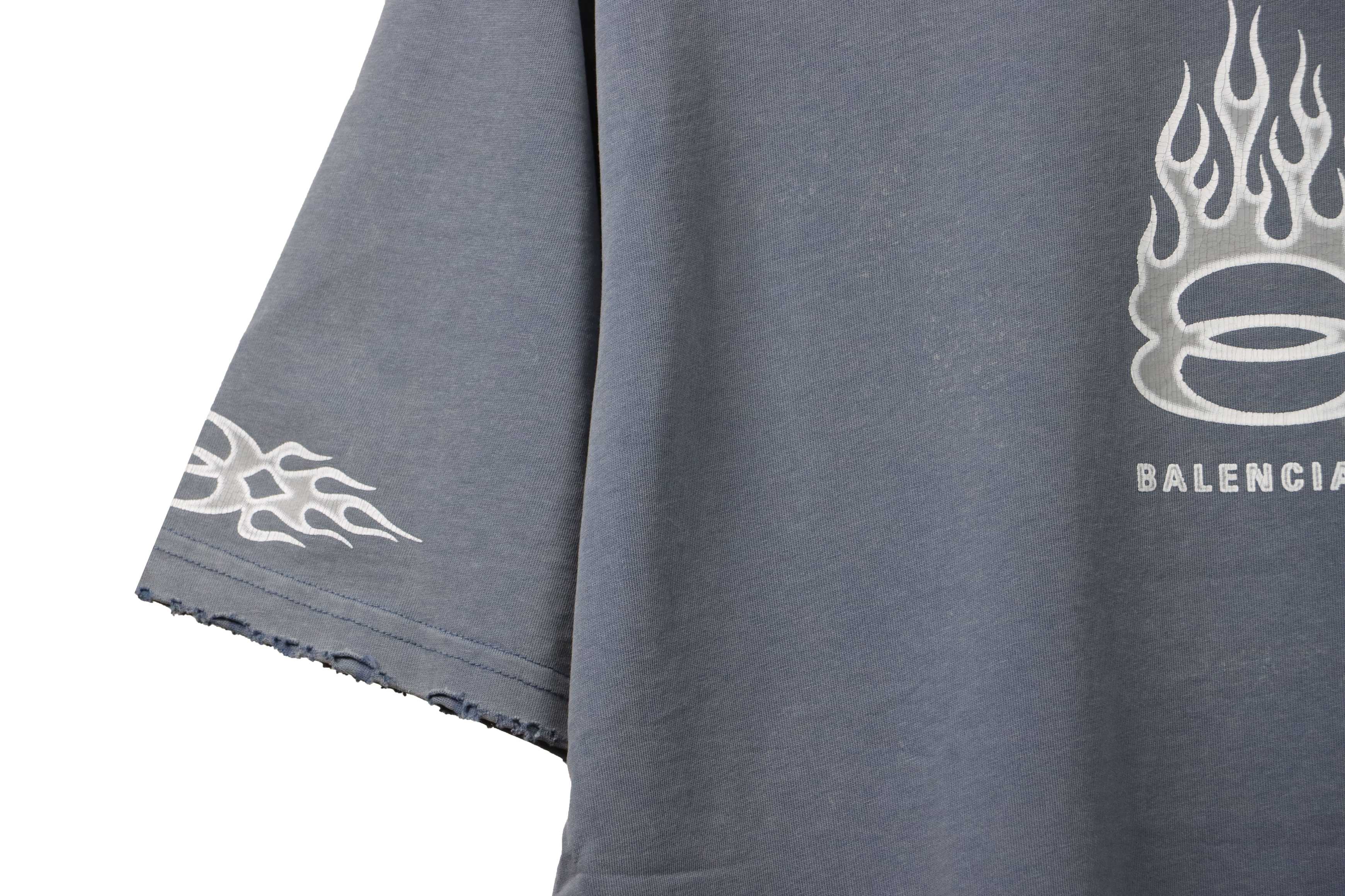 Balenciaga distressed flame double ring short sleeve blue