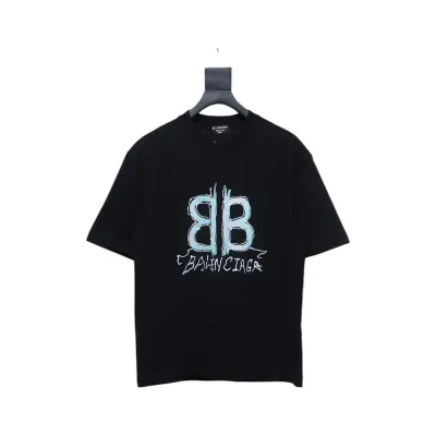 Balenciaga Hand-painted Letters Printed Short Sleeve Black 01
