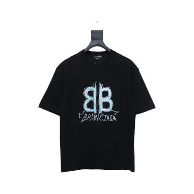 Balenciaga Hand-painted Letters Printed Short Sleeve Black 01