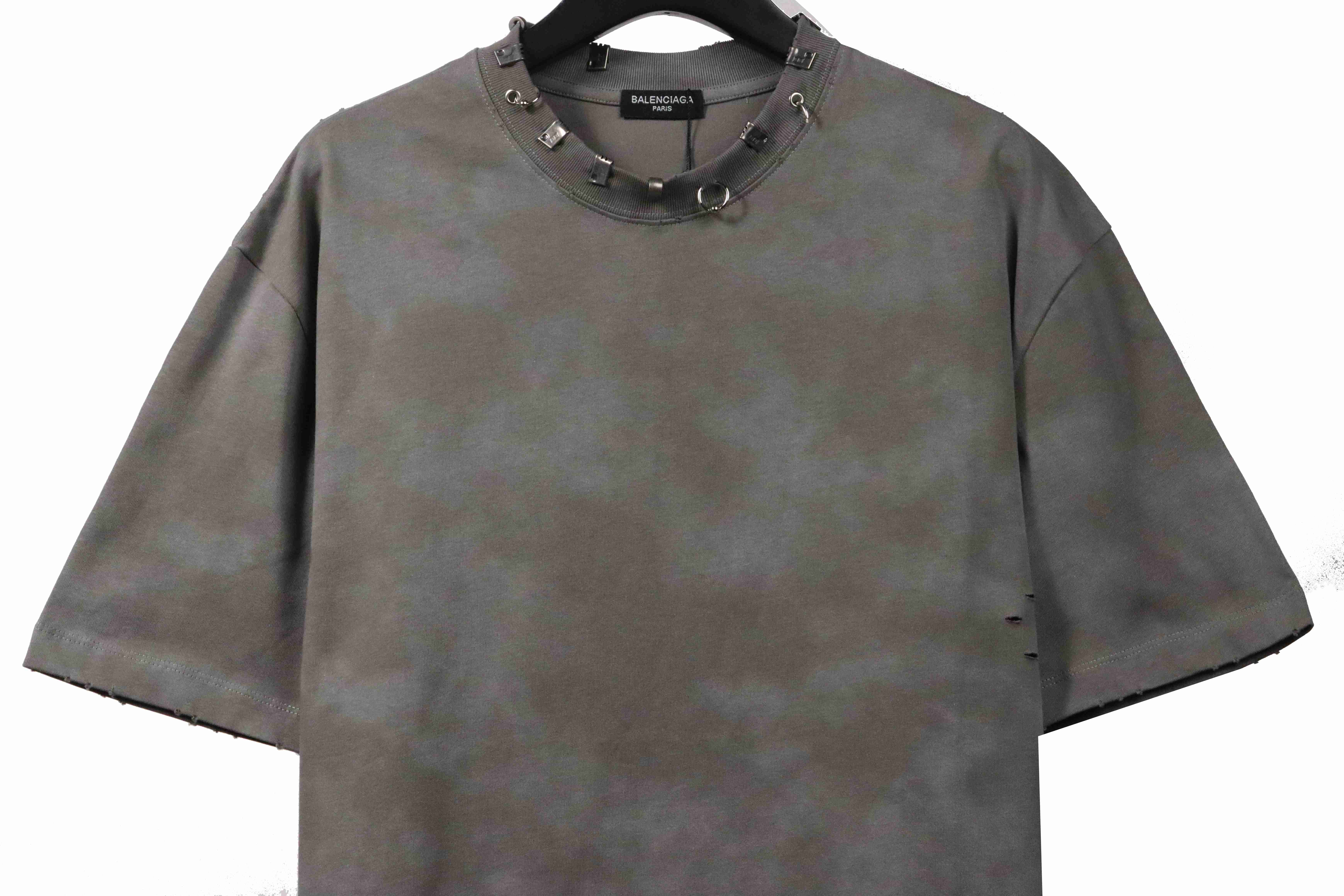 Balenciaga Rivet Puncture Washed Hole Short Sleeve Grey