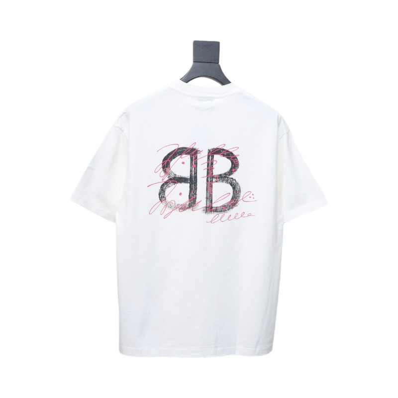 Balenciaga 25ss Letter Double B Hand-painted Washed Hole Short Sleeve T-shirt white