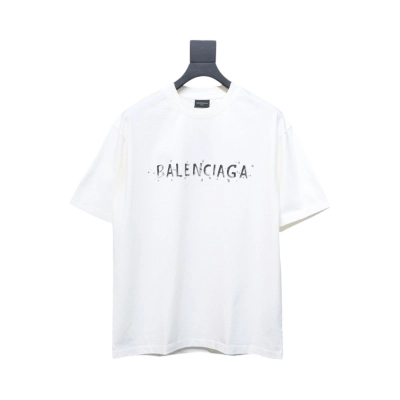 Balenciaga 25ss Letter Double B Hand-painted Washed Hole Short Sleeve T-shirt white 02