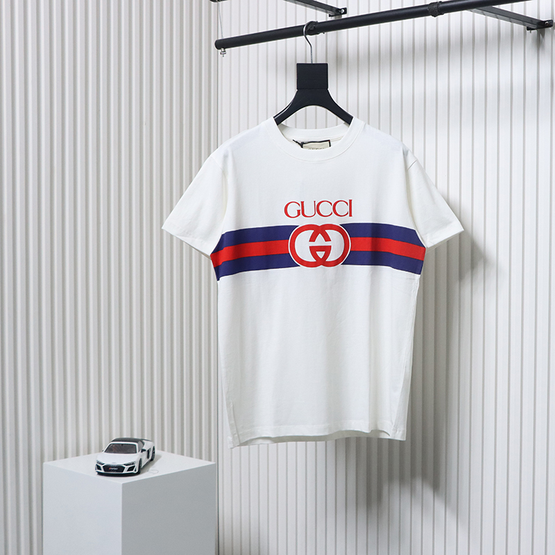 Gucci 23ss Double G interlocking striped short sleeve white