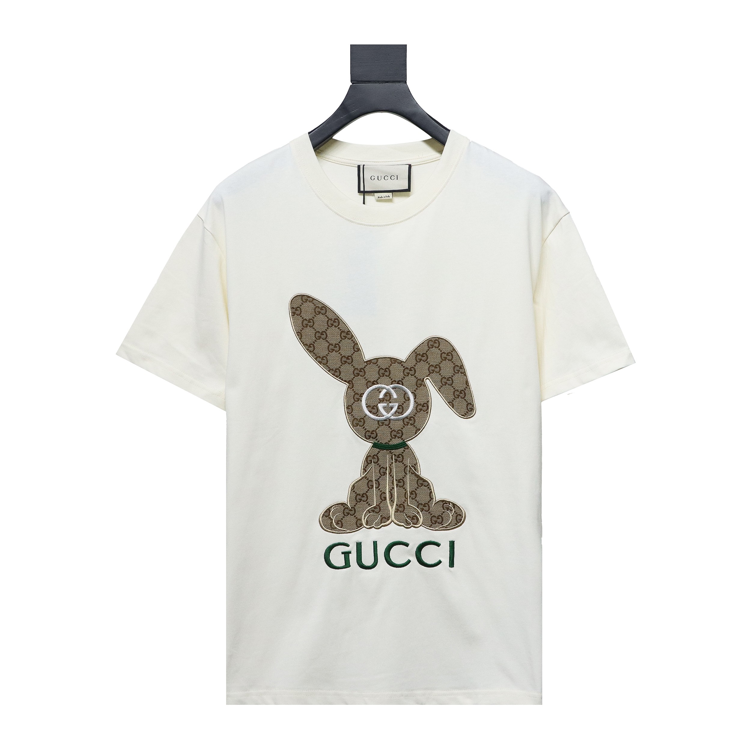 Gucci 23ss Old Flower Rabbit Patch Embroidered Short Sleeve Beige