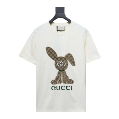 Gucci 23ss Old Flower Rabbit Patch Embroidered Short Sleeve Beige 01