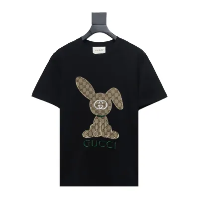 Gucci 23ss Old Flower Rabbit Patch Embroidered Short Sleeve black 01