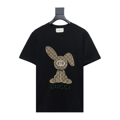 Gucci 23ss Old Flower Rabbit Patch Embroidered Short Sleeve black 01