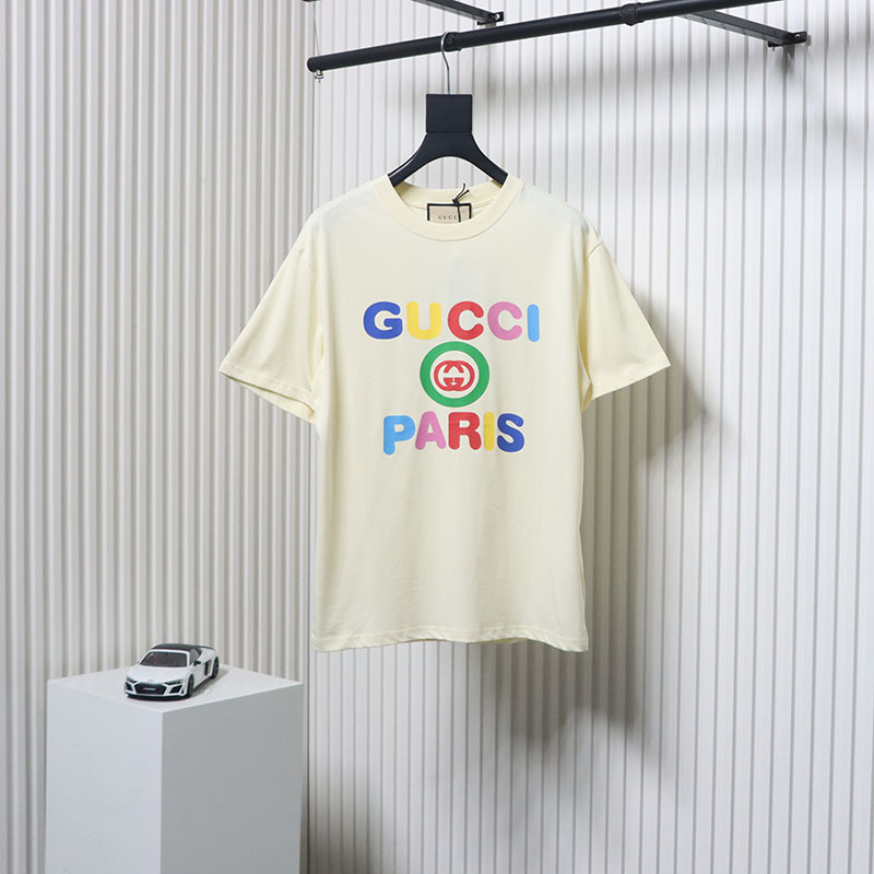 Gucci 24ss colorful letter print short sleeves beige