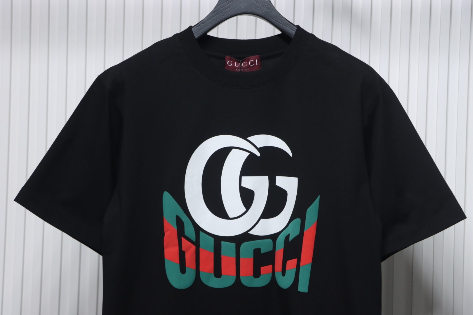 Gucci 25ss Double G print and Gucci red and green foam print short-sleeved T-shirt black