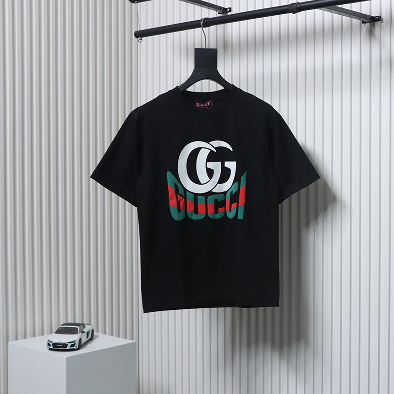 Gucci 25ss Double G print and Gucci red and green foam print short-sleeved T-shirt black