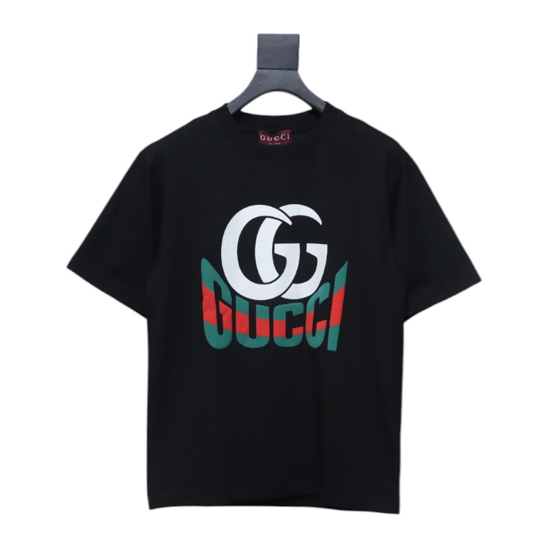 Gucci 25ss Double G print and Gucci red and green foam print short-sleeved T-shirt black