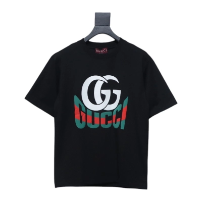 Gucci 25ss Double G print and Gucci red and green foam print short-sleeved T-shirt black 01