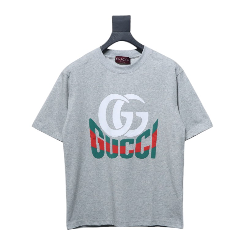 Gucci 25ss Double G print and Gucci red and green foam print short-sleeved T-shirt Grey
