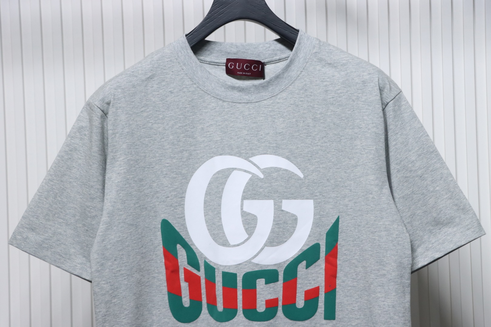 Gucci 25ss Double G print and Gucci red and green foam print short-sleeved T-shirt Grey