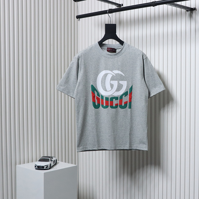 Gucci 25ss Double G print and Gucci red and green foam print short-sleeved T-shirt Grey