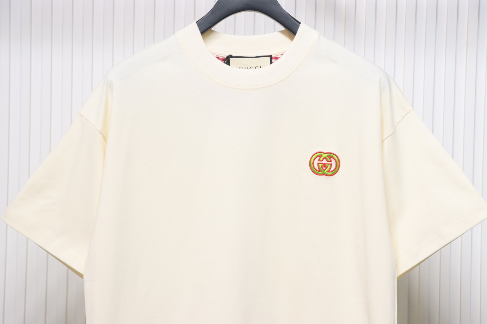 Gucci 25ss Embroidered Double G Check Collar Short Sleeve T-Shirt Beige