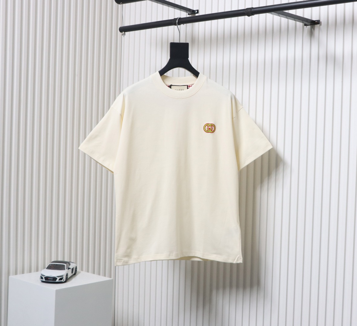 Gucci 25ss Embroidered Double G Check Collar Short Sleeve T-Shirt Beige