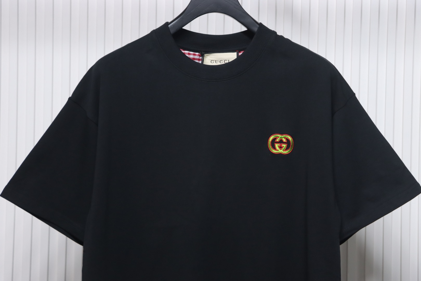 Gucci 25ss Embroidered Double G Check Collar Short Sleeve T-Shirt Black
