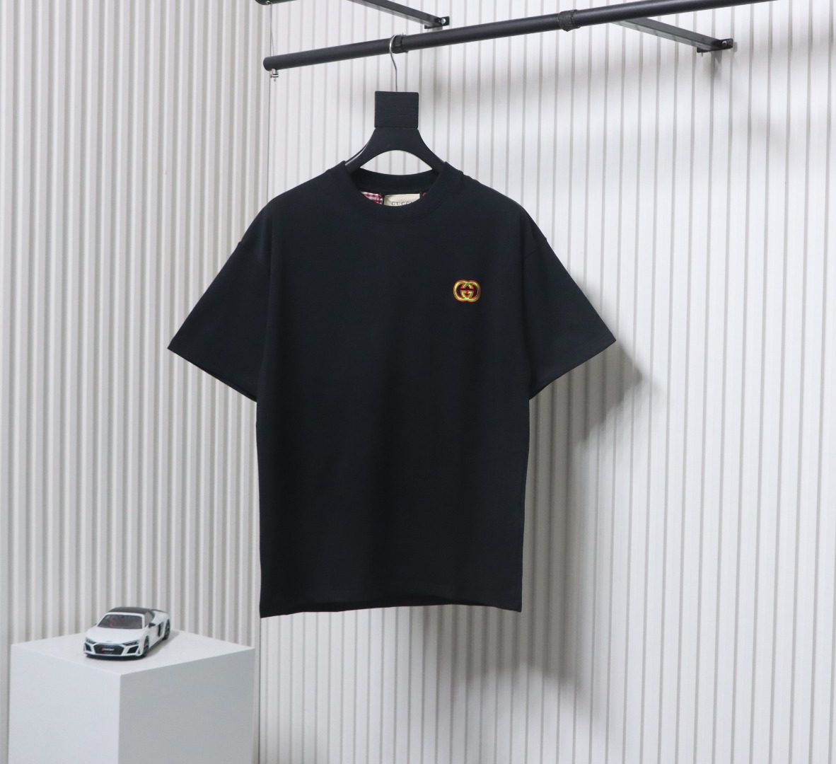 Gucci 25ss Embroidered Double G Check Collar Short Sleeve T-Shirt Black