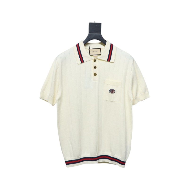 Gucci 25ss Pocket Embroidery Knitted Polo Short Sleeve Beige