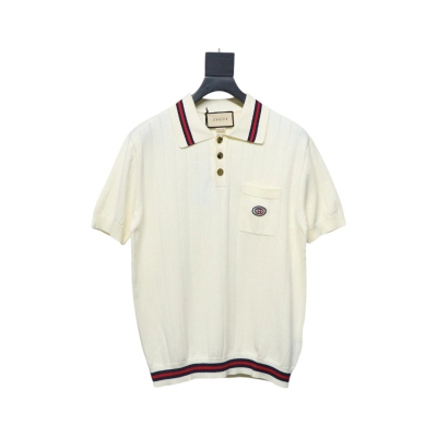 Gucci 25ss Pocket Embroidery Knitted Polo Short Sleeve Beige 01