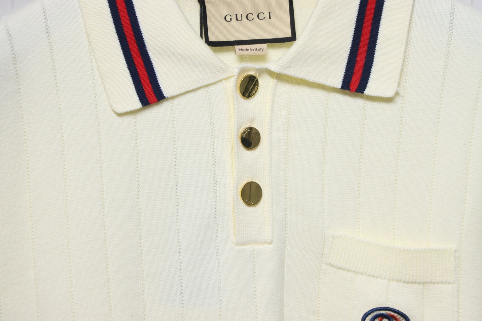 Gucci 25ss Pocket Embroidery Knitted Polo Short Sleeve Beige