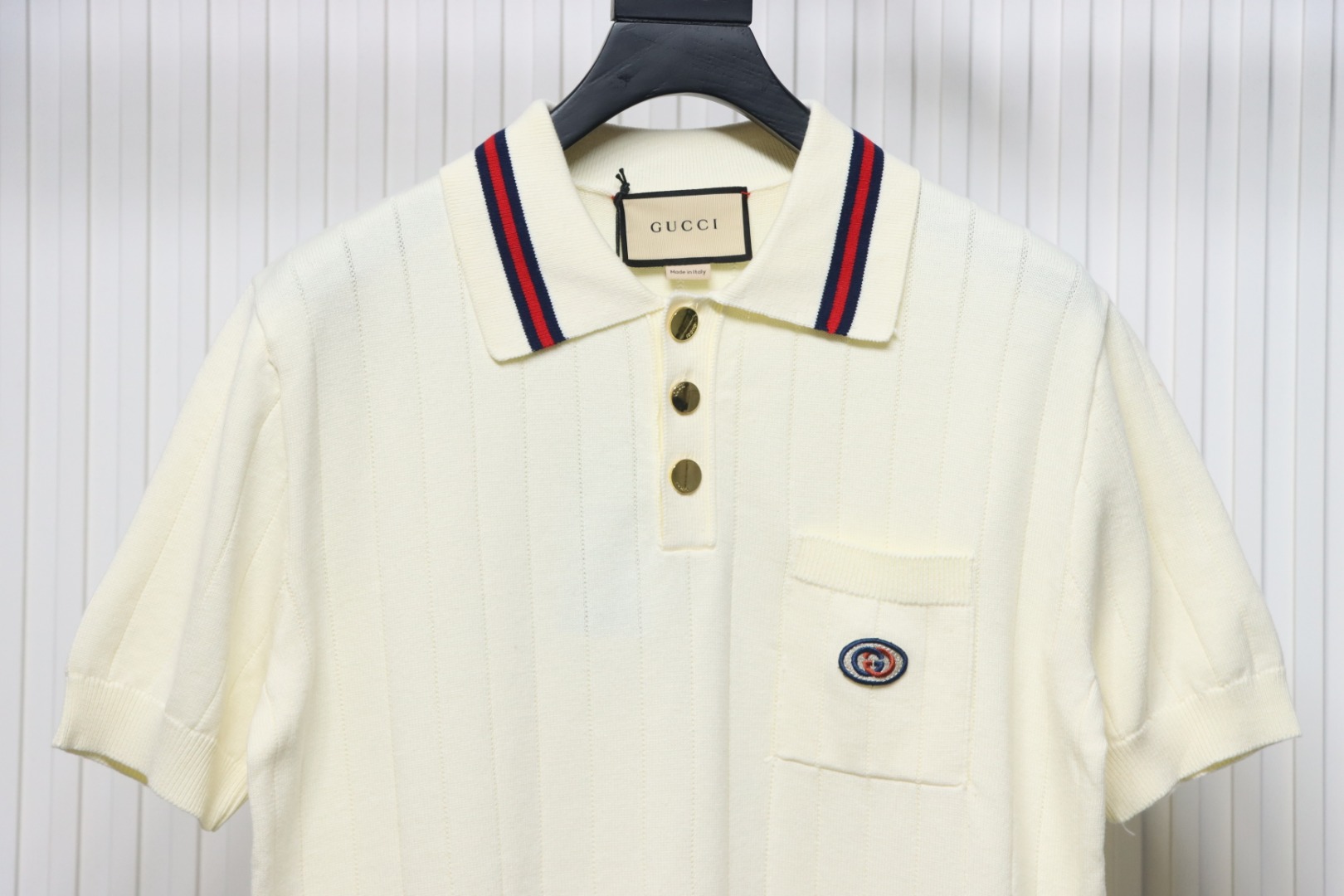 Gucci 25ss Pocket Embroidery Knitted Polo Short Sleeve Beige