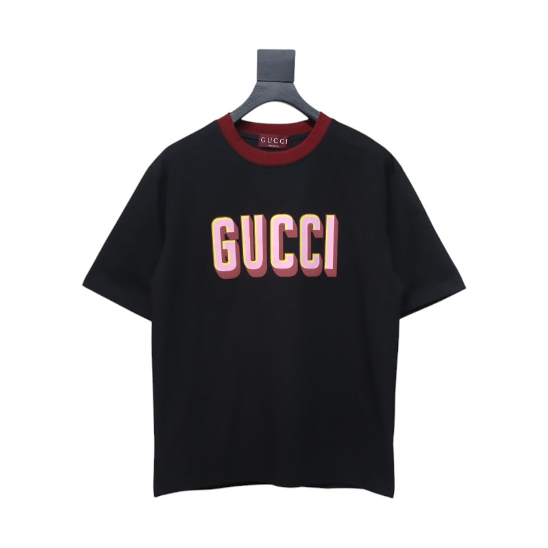 Gucci 25ss red collar and logo contrast foam print short sleeve T-shirt black