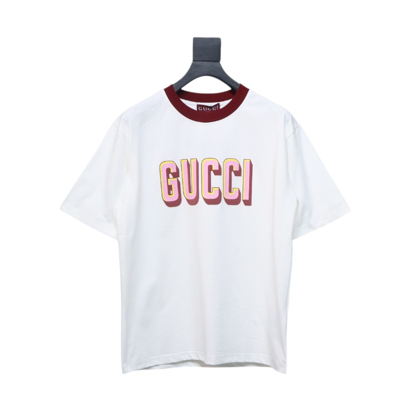 Gucci 25ss red collar and logo contrast foam print short sleeve T-shirt white