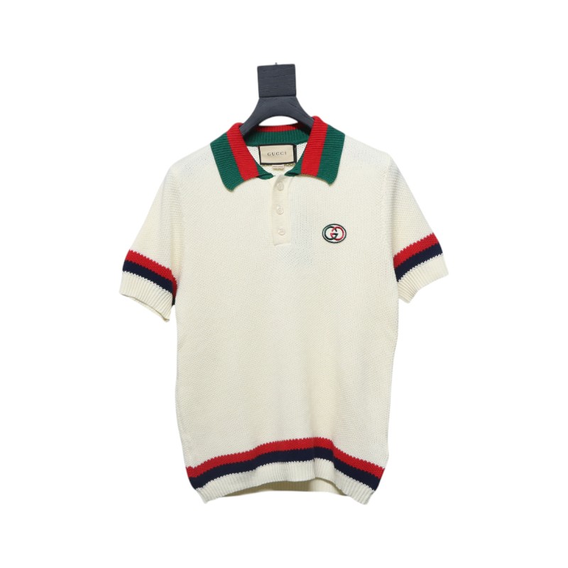 Gucci Double G embroidered on chest Polo knitted short sleeves Beige