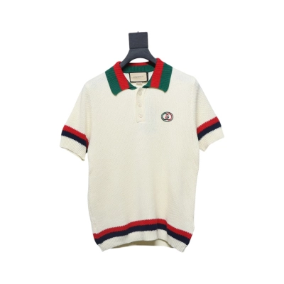 Gucci Double G embroidered on chest Polo knitted short sleeves Beige 01
