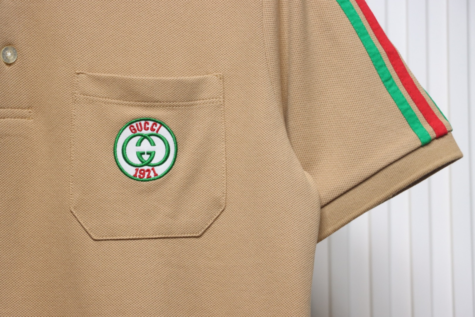 Gucci red and green striped 1921 limited pocket polo short sleeve brown