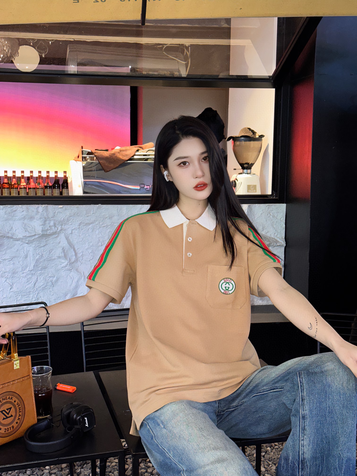 Gucci red and green striped 1921 limited pocket polo short sleeve brown