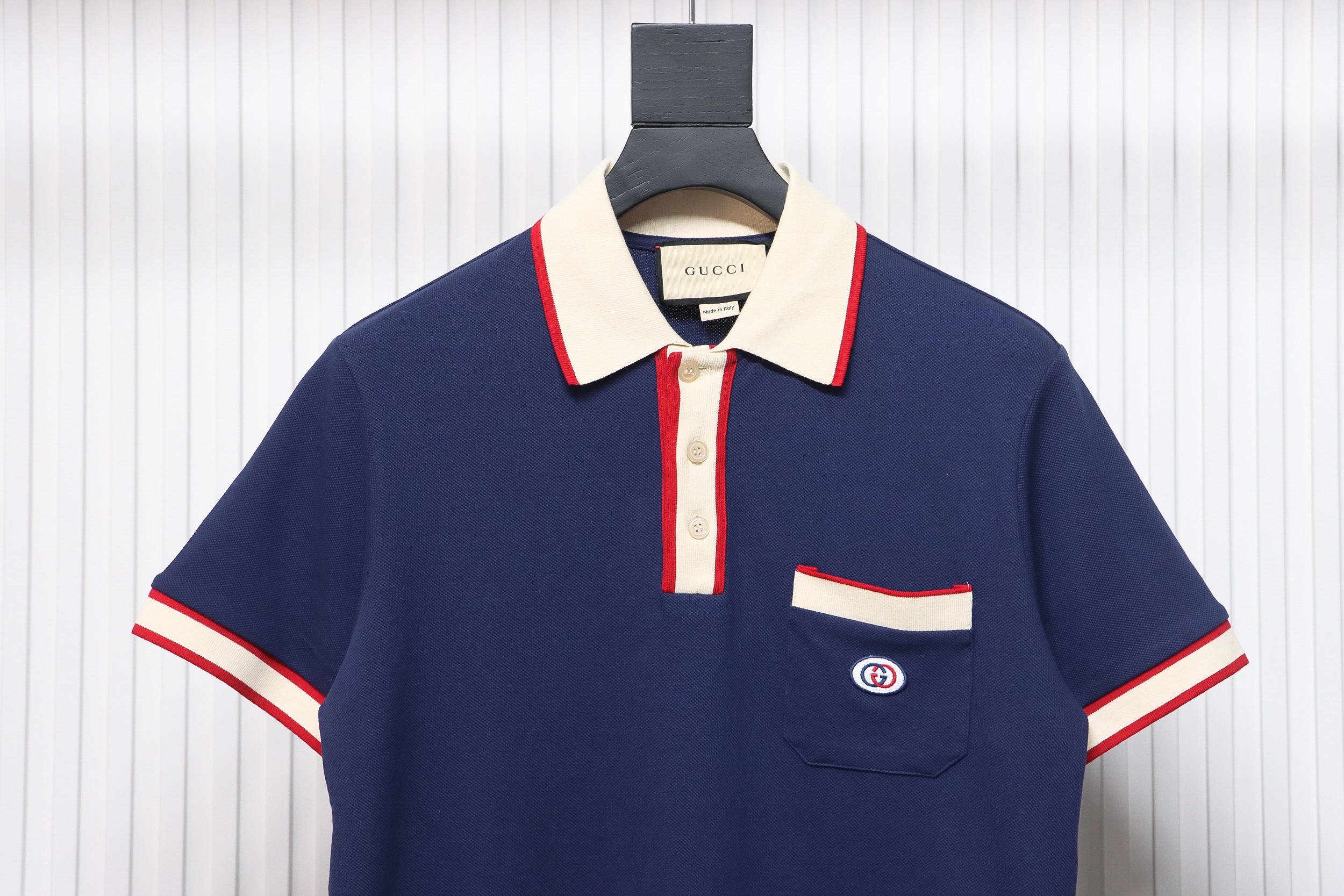 Gucci 23ss classic pocket embroidered double G Polo short sleeve blue