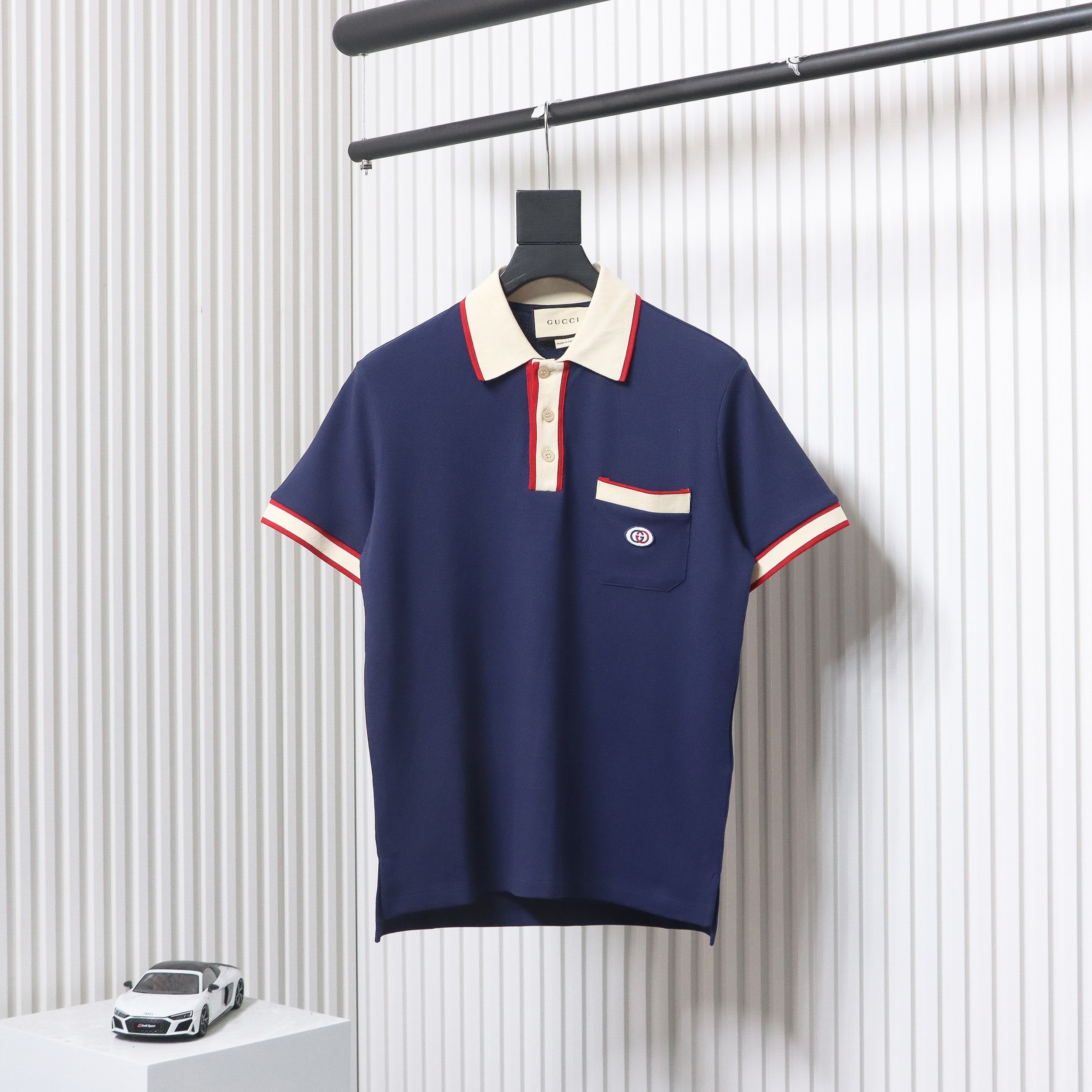 Gucci 23ss classic pocket embroidered double G Polo short sleeve blue