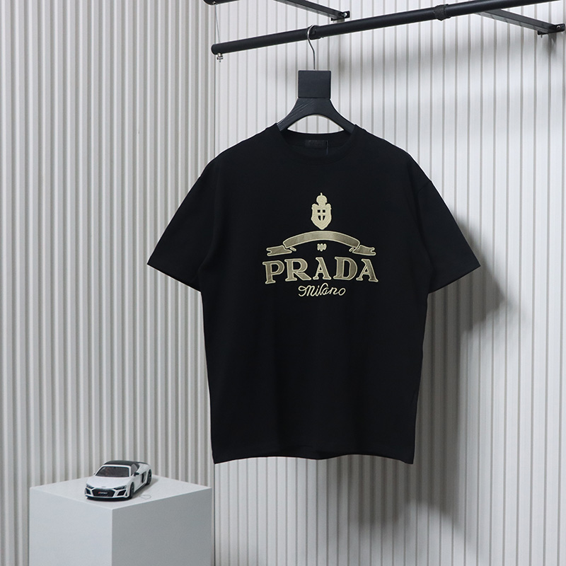 Prada 24ss Crown Medal Letter Embroidered Short Sleeve black