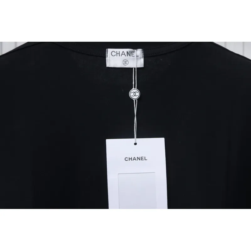 Chanel Pearl Circle Letter Short Sleeve T-shirt Black
