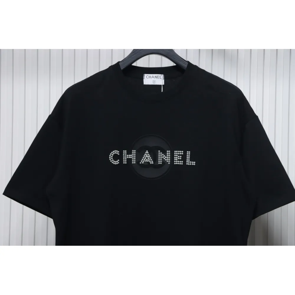 Chanel Pearl Circle Letter Short Sleeve T-shirt Black