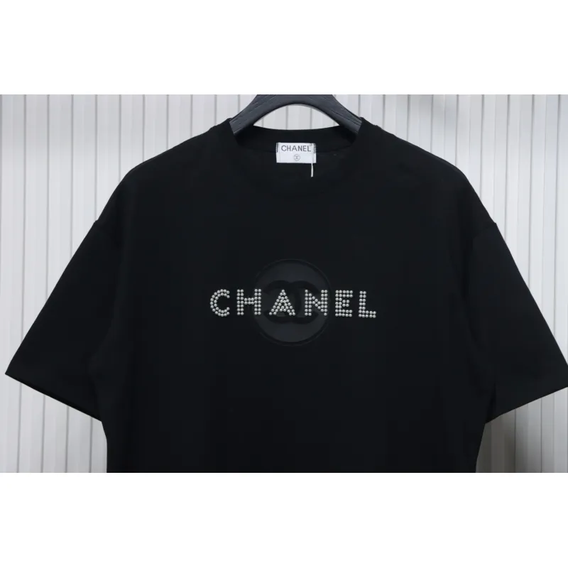 Chanel Pearl Circle Letter Short Sleeve T-shirt Black